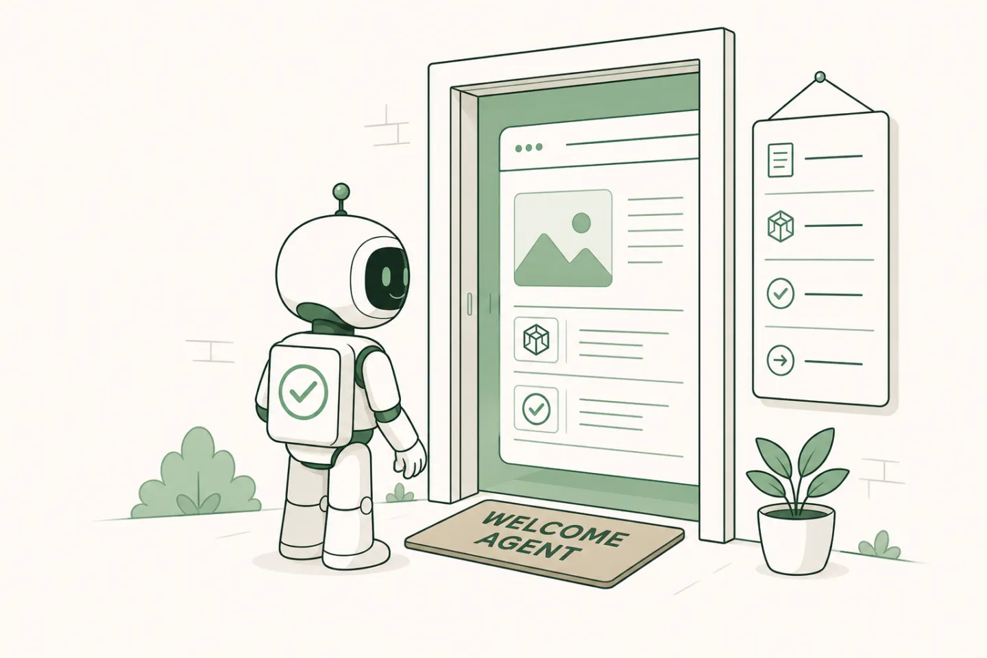 A friendly AI agent entering an agent-ready website doorway.