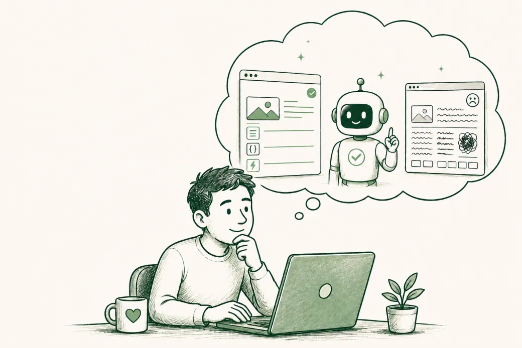 Person reviewing a website while an AI agent compares clear and confusing pages.