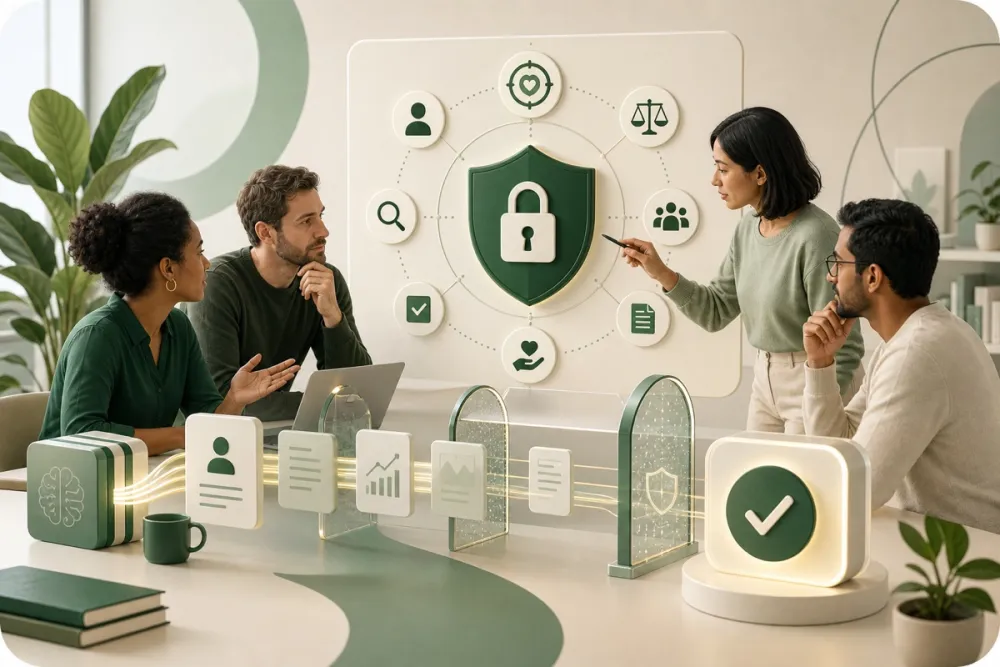 A team reviewing responsible AI guardrails for privacy, security, and human oversight.