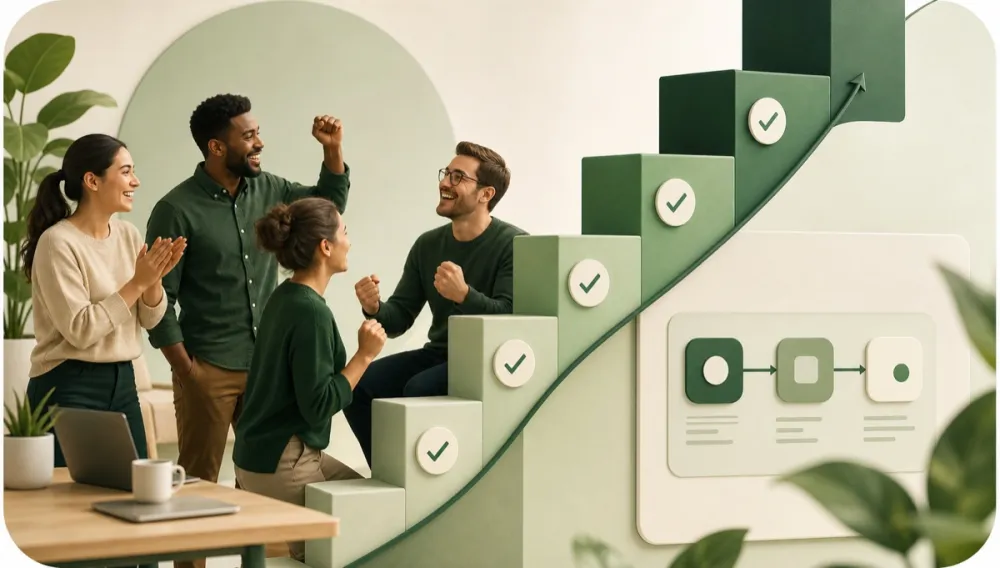 A team celebrating small automation wins that build momentum step by step.