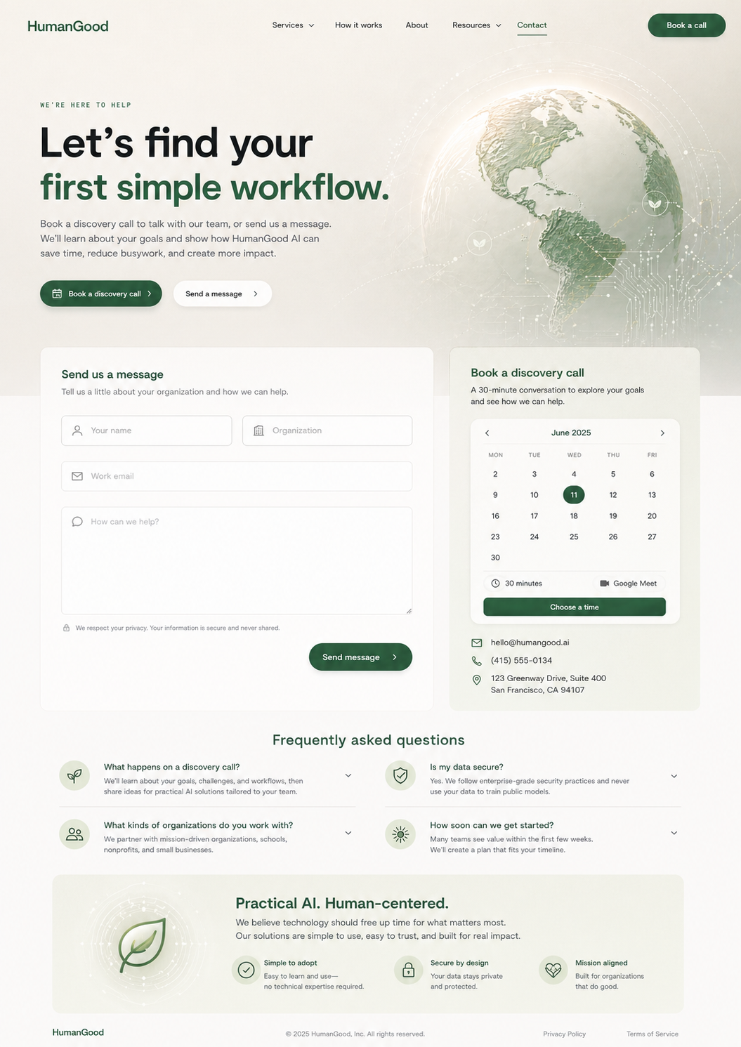 HumanGood.AI contact page design reference.