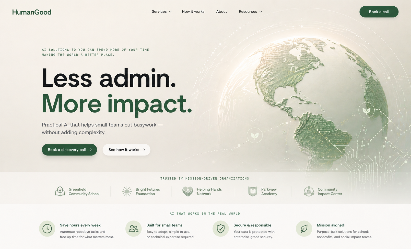 HumanGood.AI landing page visual with a globe and the message Less admin. More impact.