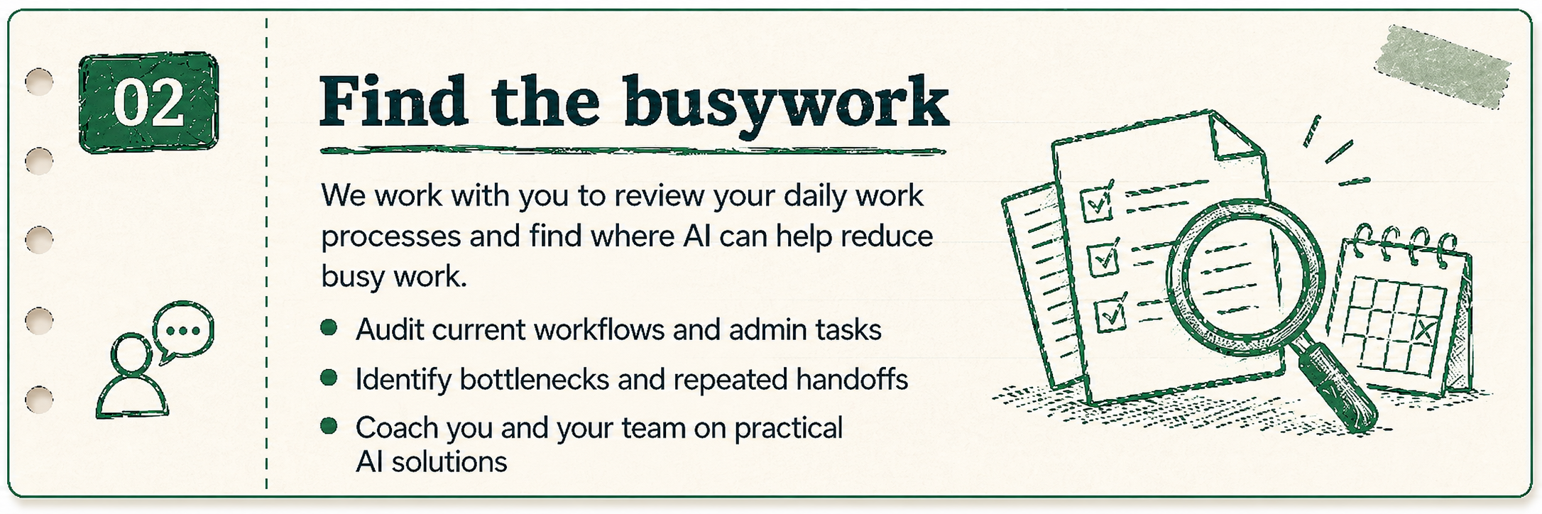 Step 02 Coach Review card titled Find the busywork with repetitive task and bottleneck reduction bullets.