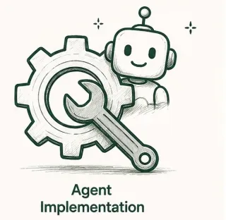 Agent Implementation — robot and gear illustration